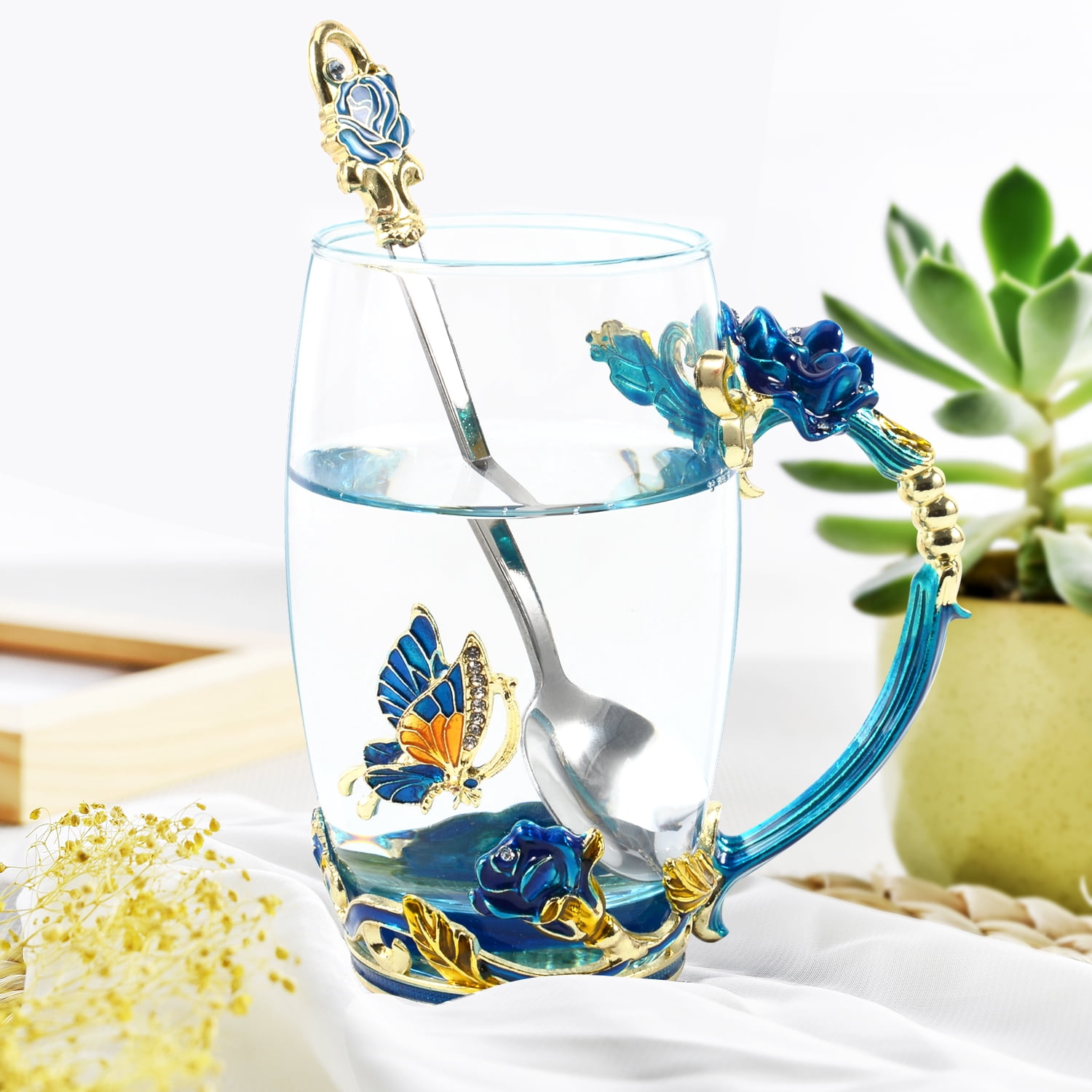 Coffee Cup Tea Mug with Spoon Set Handmade Enamel Butterfly Flower for Women (2 Pack)