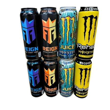 Monster Energy Reign Razzle Berry, Orange Dreamsicle, Aussie Lemonade and Tea& Lemonade