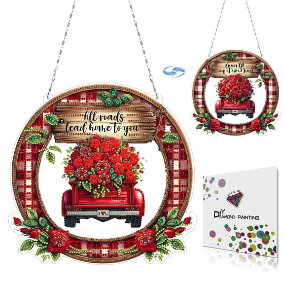 FLOPESN DIY Diamond Art Painting Pendant Ornament Valentine’s Day Irregular Shape Design Hanging for Home Garden Wall Door Decor-Rose Truck