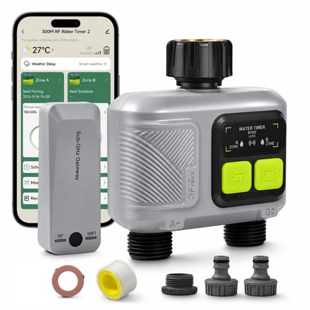WiFi Water Timer for Garden Hose with 1640ft RF 433 Technology, WiFi Sprinkler Controller, Smart Hose Timer Valve, Automatic APP Drip Irrigation System Alexa Voice Control, 16 Schedules