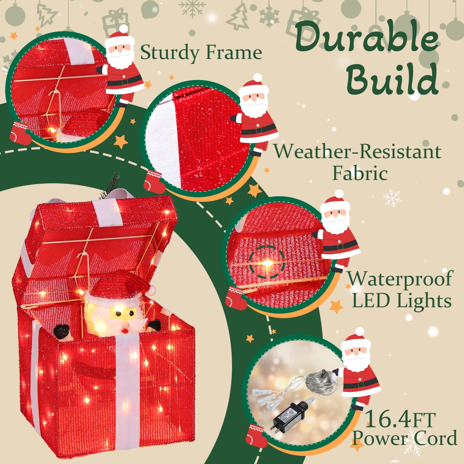 Astoutdoor Motorized Pop-up Gift Box with Santa, 60 LED Lights, 12 in, Indoor Outdoor Christmas Decoration