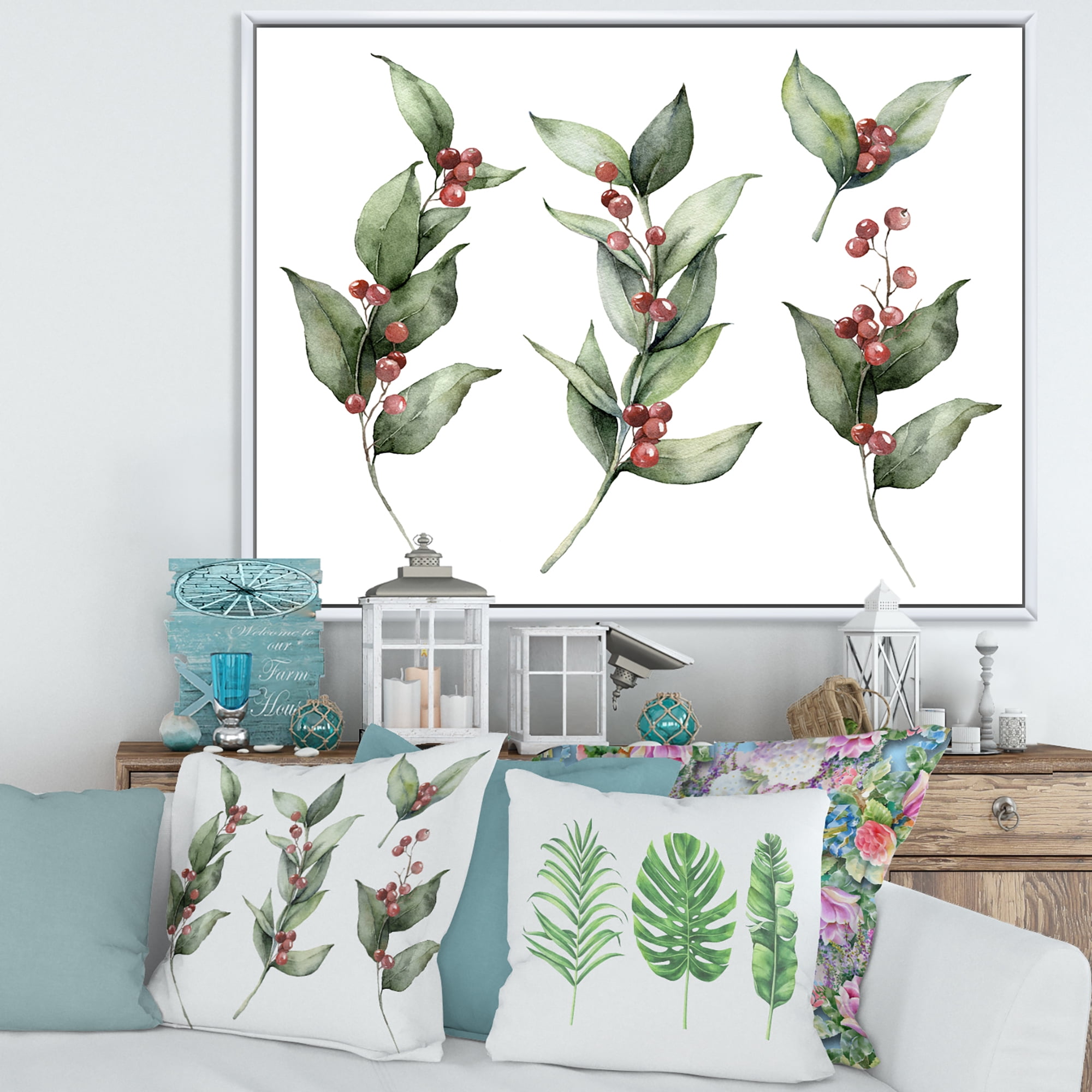 Christmas Set Red Berrie With Branches 32 in x 24 in Framed Painting Canvas Art Print, by Designart