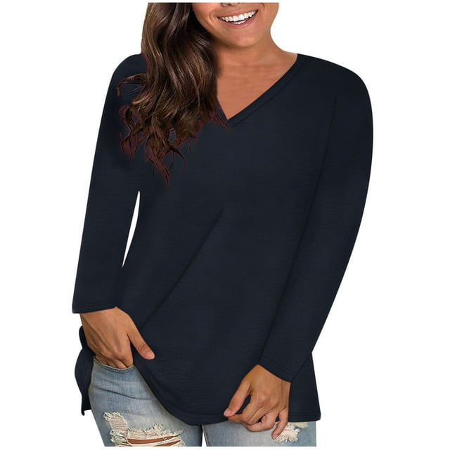 FAIWAD Plus Size Tops for Women Casual V-Neck Basic Solid Color Tees Loose Long Sleeve Ladies Going Out Shirts