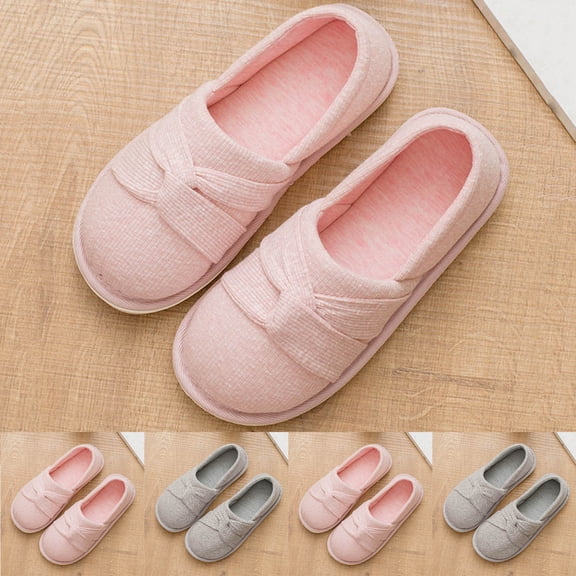 Women Autumn Winter Closed Toe Closed Back House Slippers Striped Soft Fabric Non Slip Flat Cushioned Indoor Footwear for Bedroom Housework Daily Homewear Pink 8.5-9(XL)
