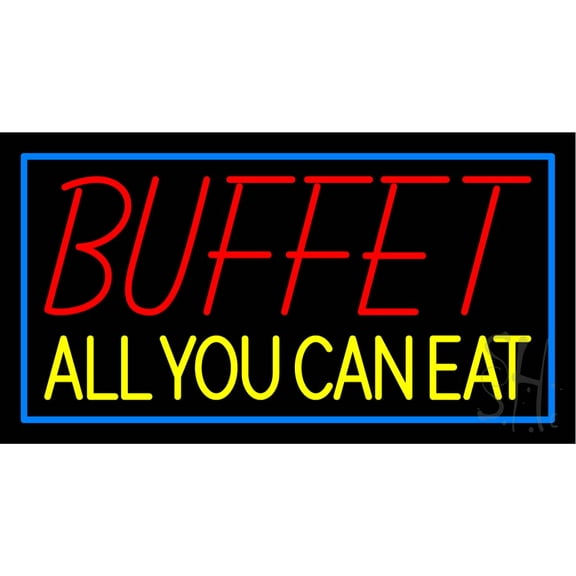 Buffet All You Can Eat with Green Border LED Neon Sign 20 x 37 - inches, Black Square Cut Acrylic Backing, with Dimmer - Bright and Premium built indoor LED Neon Sign for restaurant decor.