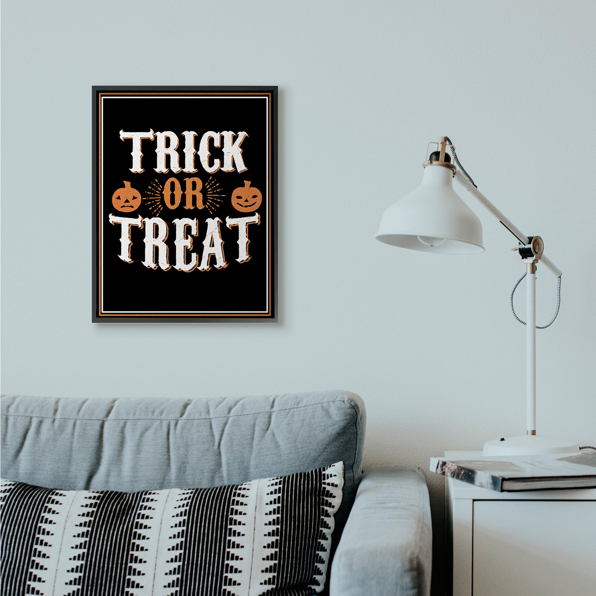 Stupell Industries Trick Or Treat Orange Black Holiday Word Design Graphic Art Black Framed Art Print Wall Art, 24x30, by The Saturday Evening Post