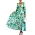 thumbnail image 2 of Women Flowy Long Dress Elegant Flower Print V Neck Long Sleeve Dress Boho Low Cut Loose Fit Beach Dress, 2 of 10