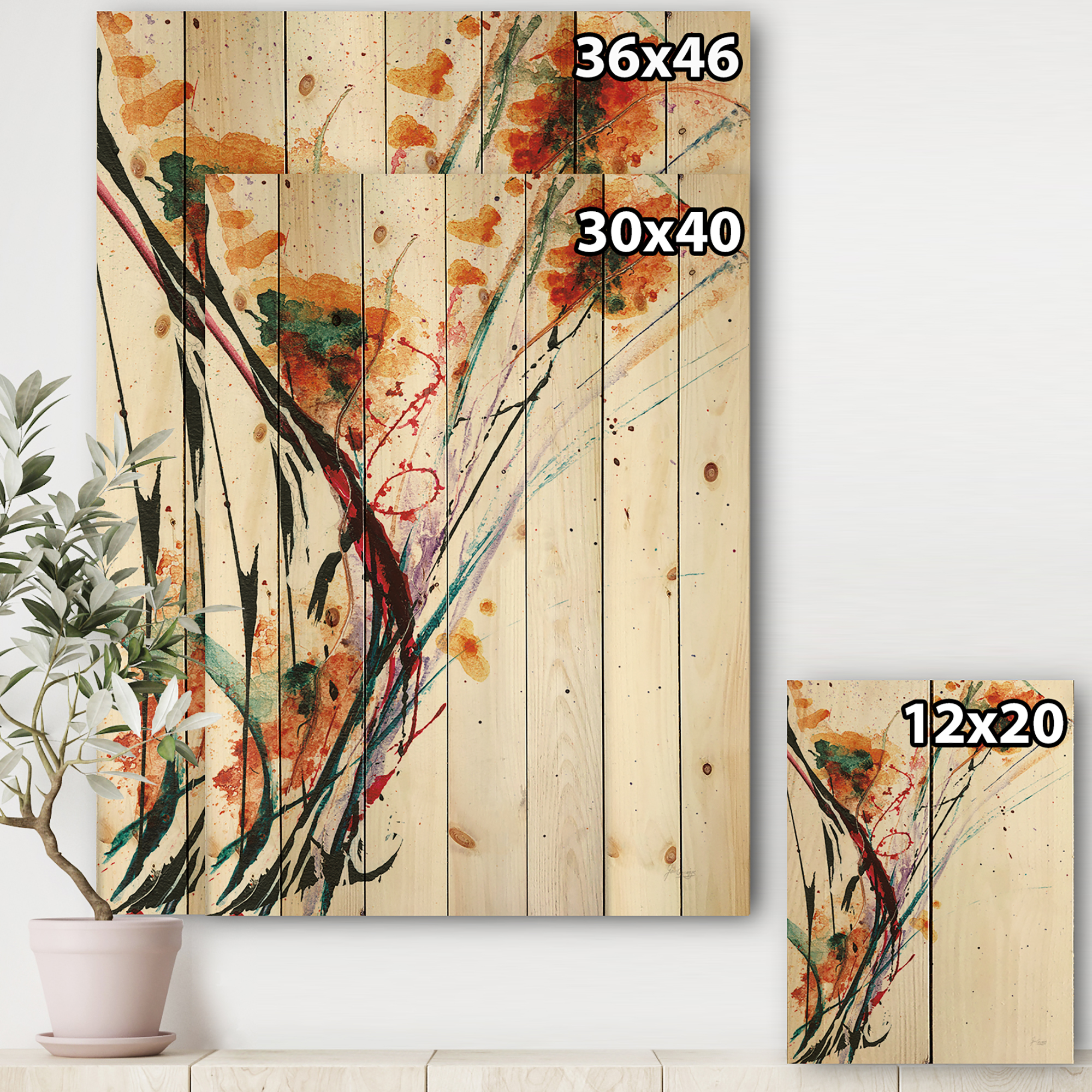 Designart 'Abstract Fractal Orange Flowers' Traditional Print on Natural Pine Wood