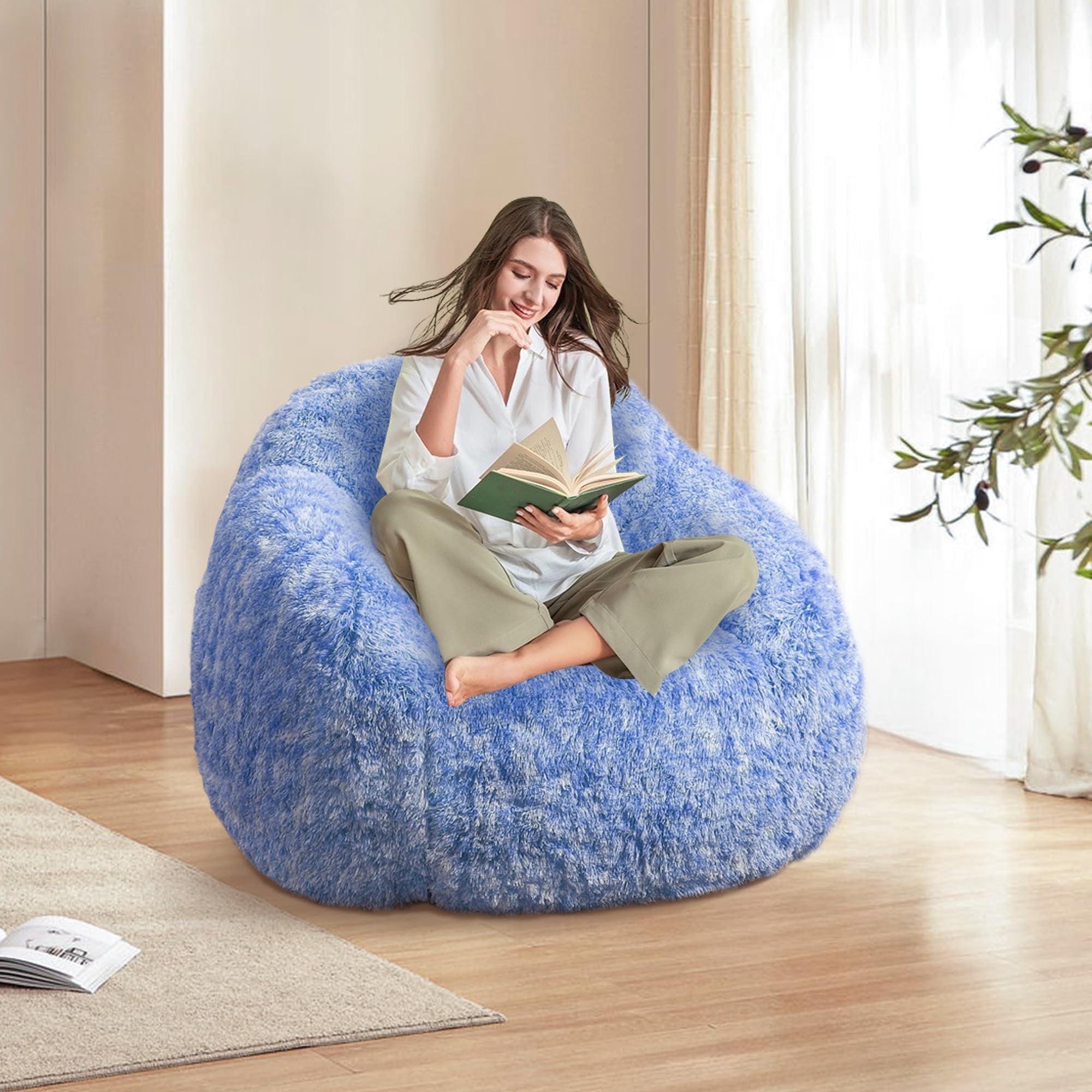 BouPower Bean Bag Chair for Adults, Plush Fluffy Faux Fur Sofa, Premium High-Density Sponge Filler Ergonomic Backrest & Armrests, Removable Washable Cover Comfy Lazy Chair for Bedroom Living Room