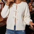 thumbnail image 6 of TGSLY Women's Tie Front Bow Cardigan Sweaters Lightweight Soft Crew Neck Long Puff Sleeve Knit Tops Loose Causal Solid Color Cropped Cardigans M, 6 of 8