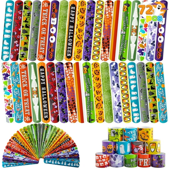 Joyfy 72 Pcs Halloween Slap Bracelets for Kids,Halloween Toys Bulk with Spider,Pumpkins,Animal Print for Prizes Gift Trick or Treat Party Favors,Halloween Crafts for Kids,Classroom Favors