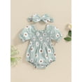 thumbnail image 5 of Aojekbee Baby Girl 2Pcs Summer Outfits Short Sleeve Daisy Print Smocked Romper with Headband Set Newborn Clothes, 5 of 10