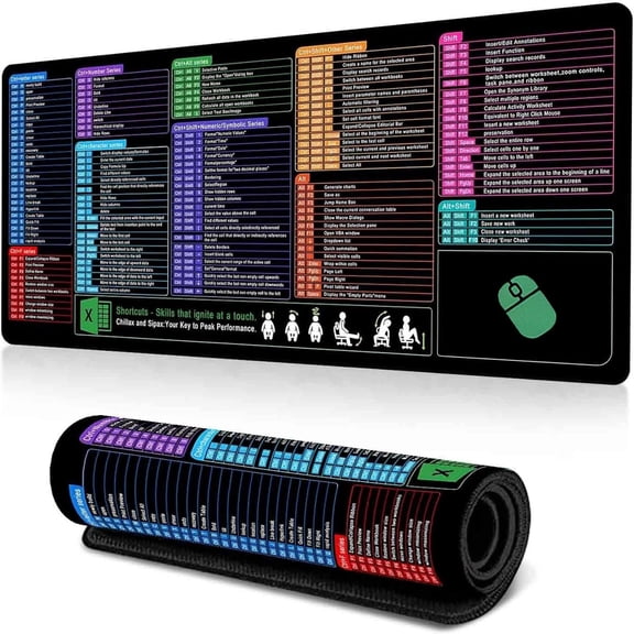 Excel Shortcut Pad - Extended Large XL Sheet Gaming Mousepad | PC Office Basics Over 200 Keyboard Shortcuts Mat | Non-Slip Stitched Edge (31.5"x11.8")