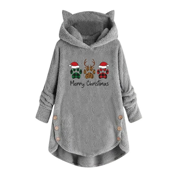 IROINNID Christmas Shirts for Women Christmas Plush Hooded Pullover Loose Fit Long Sleeve Winter Thermal Sweatshirts,Gray