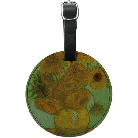 12 Round Leather - Still Life Vase with Twelve Sunflowers Vincent Van Gogh Round Leather Luggage ID Tag