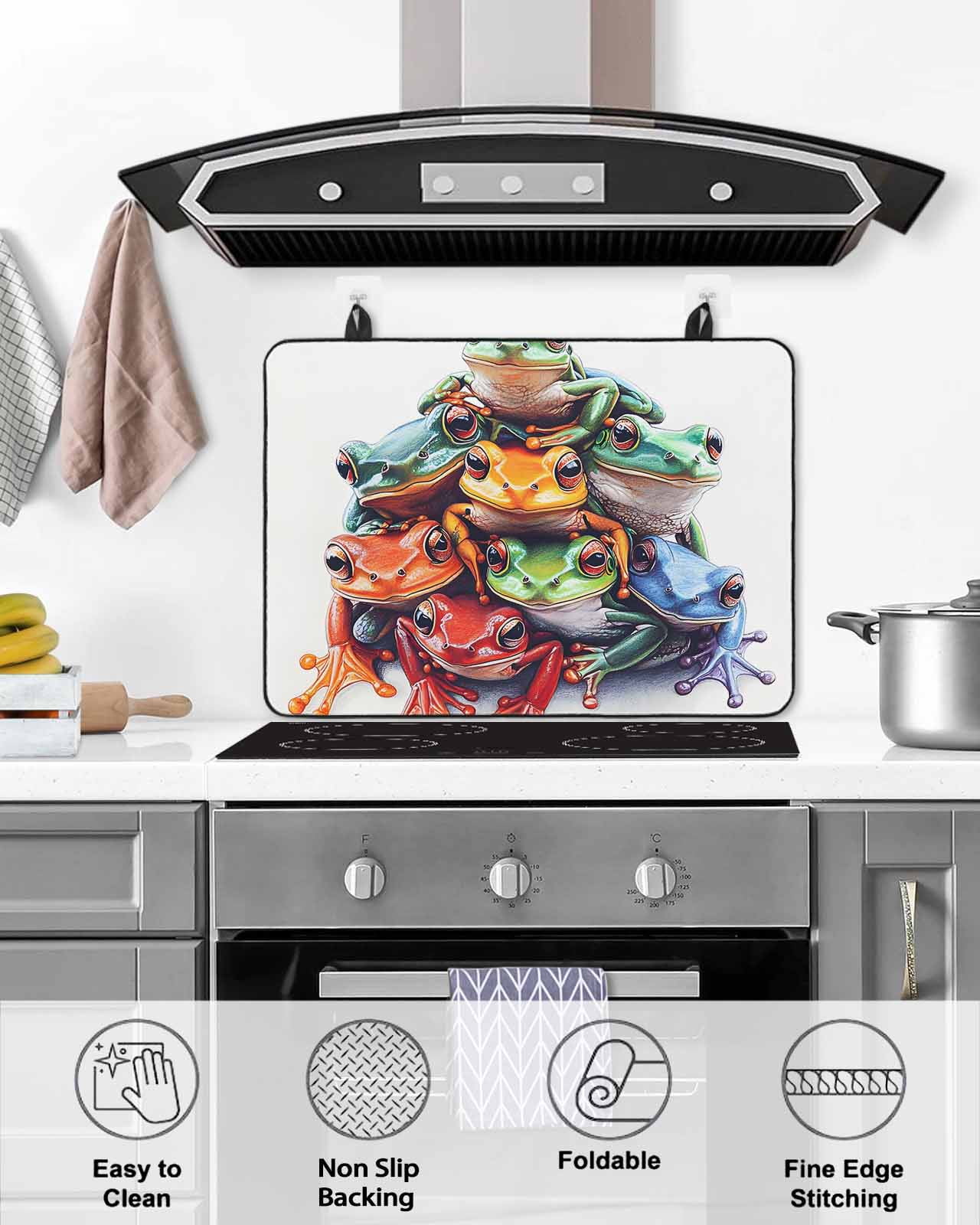nqOlkjepod Large Induction Cooktop Protector Mat 36"x21", Frogs Prints Stove Top Covers for Electric Stove, Modern Colorful Animals Decorative Stove Burner Cover Mats, Glass Top Stove Cover