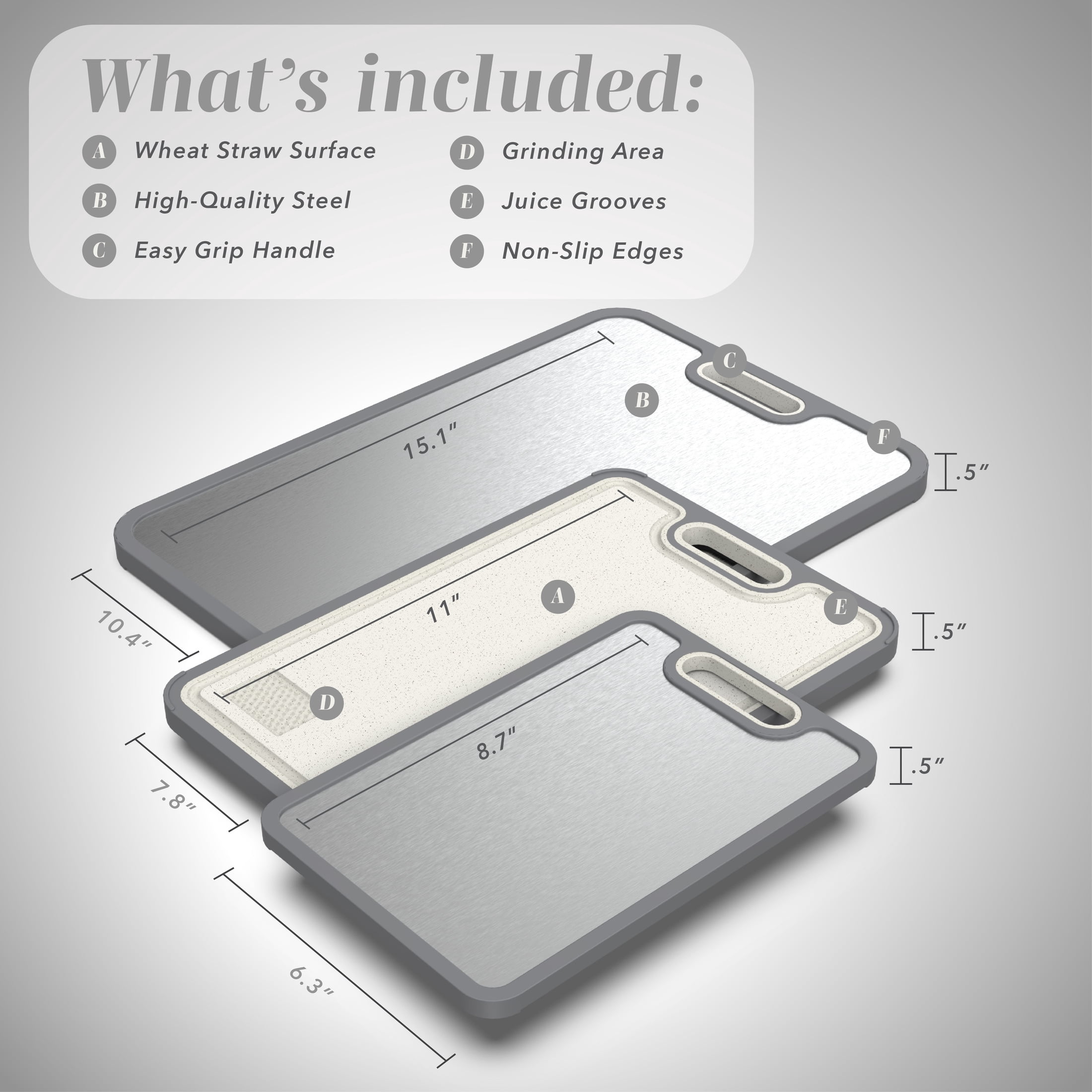 Cook with Color Dual-Sided Grey Cutting Board, Stainless Steel and Wheat Straw