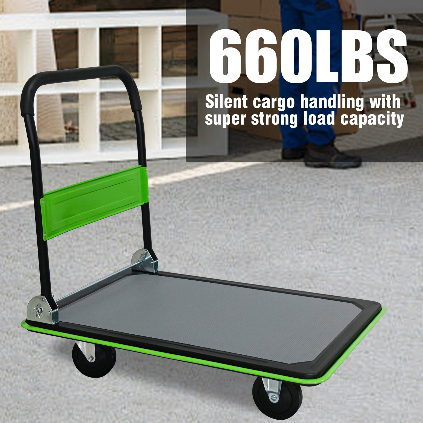Foldable Flatbed Cart, 660LBS Heavy Duty Capacity Platform Hand Truck with 360 Degree Swivel Wheels, Foldable Push Hand Cart for Loading, Storage, Warehouse, Green