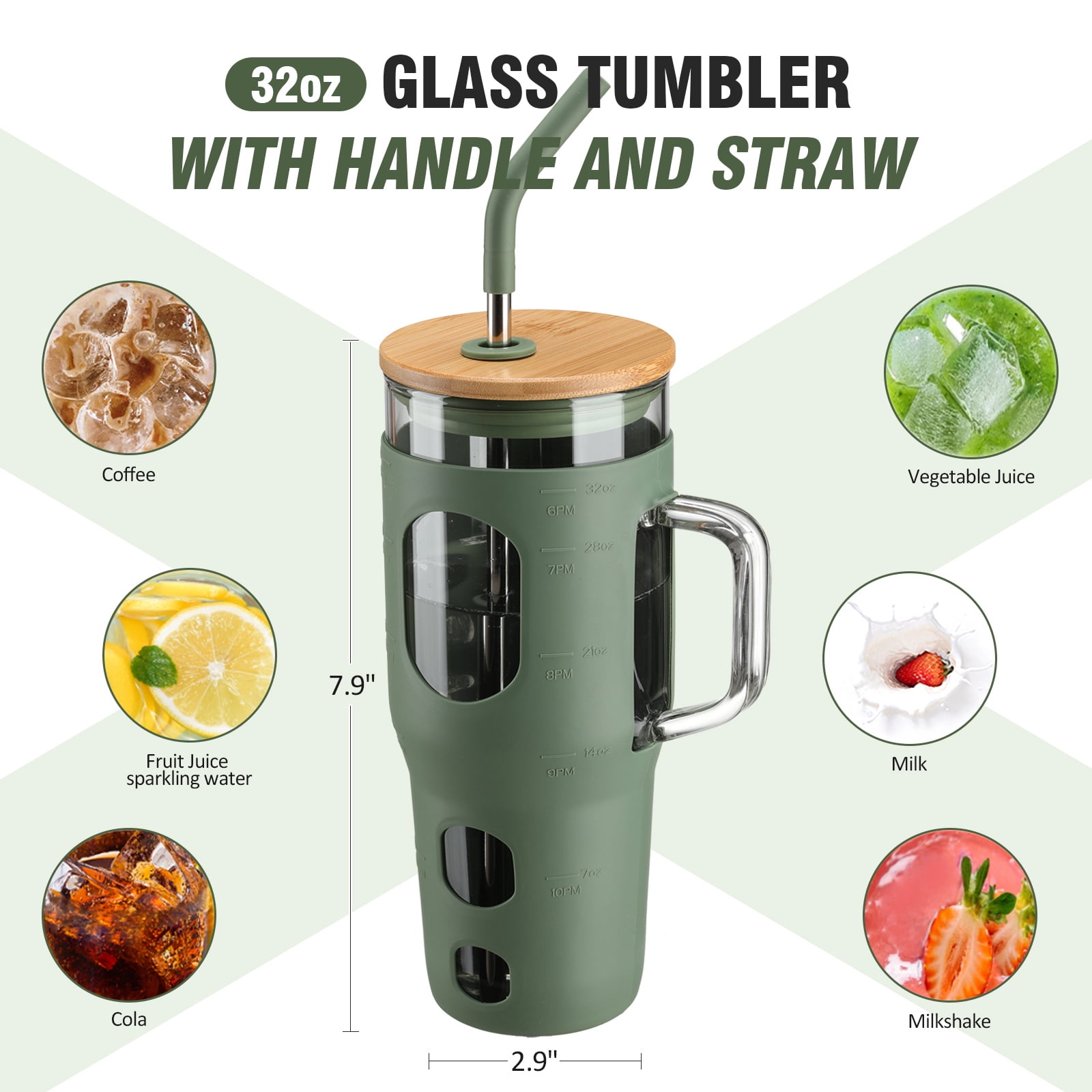 MUKOKO 32 oz Glass Tumbler , Glass Water Bottle with Capacity Marker and Silicone Sleeve, Iced Coffee Drinking Cup with Straw and Lid, Leakproof Suitable for Cup Holders, Olive