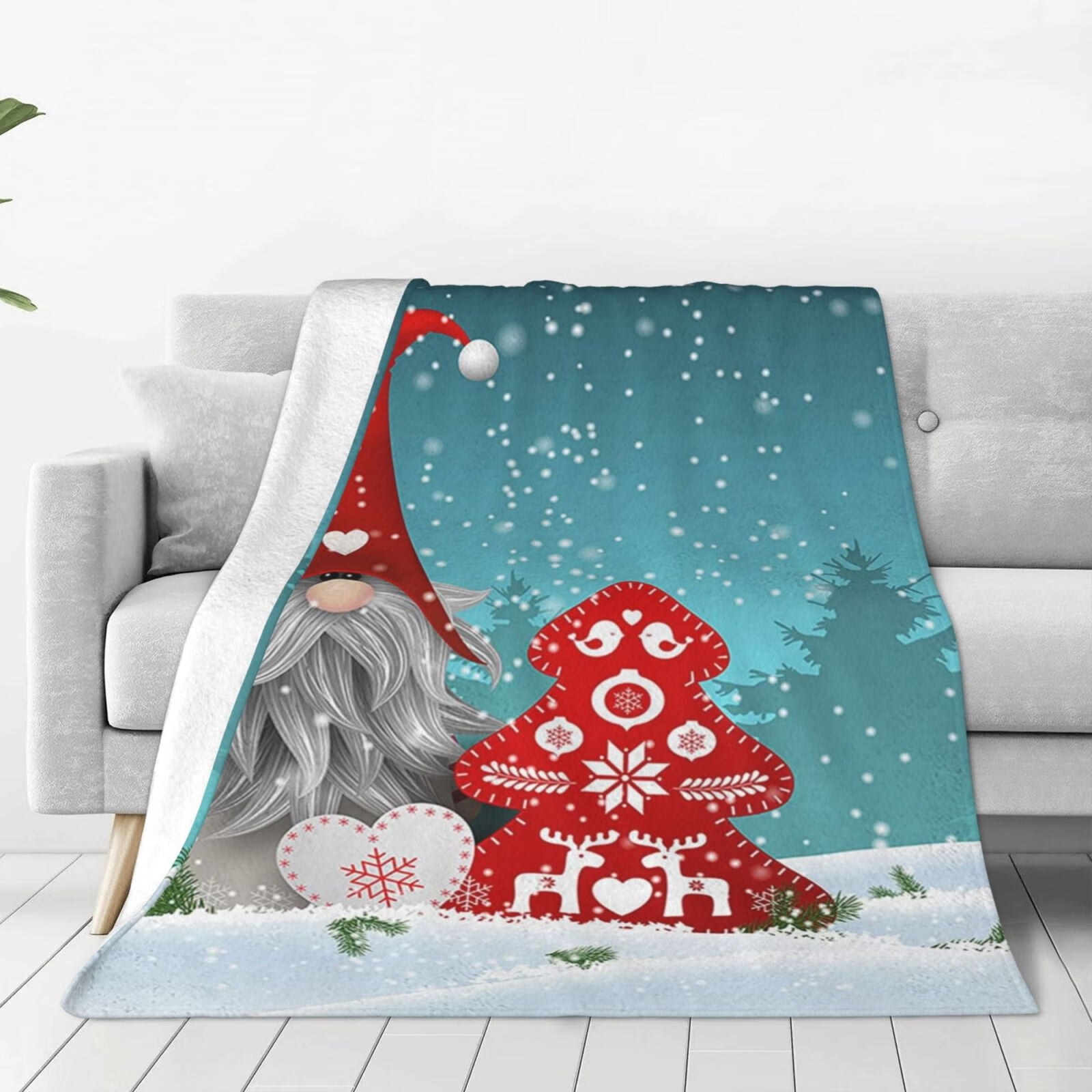 Christmas Gnome Flannel Blanket, Red Xmas Tree Snowflake Flannel