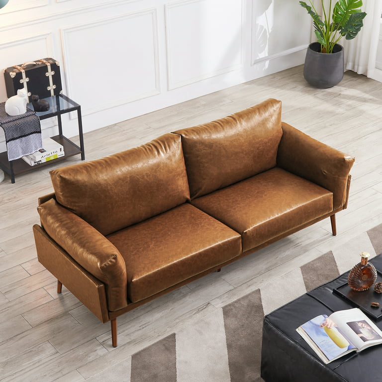 Vonanda Mid Century Modern Sofa Couch Faux Leather 3 Seat Soft 72 Small For Es Living Room Compact Apartment House Condo Loft Bungalow Brown Caramel Com