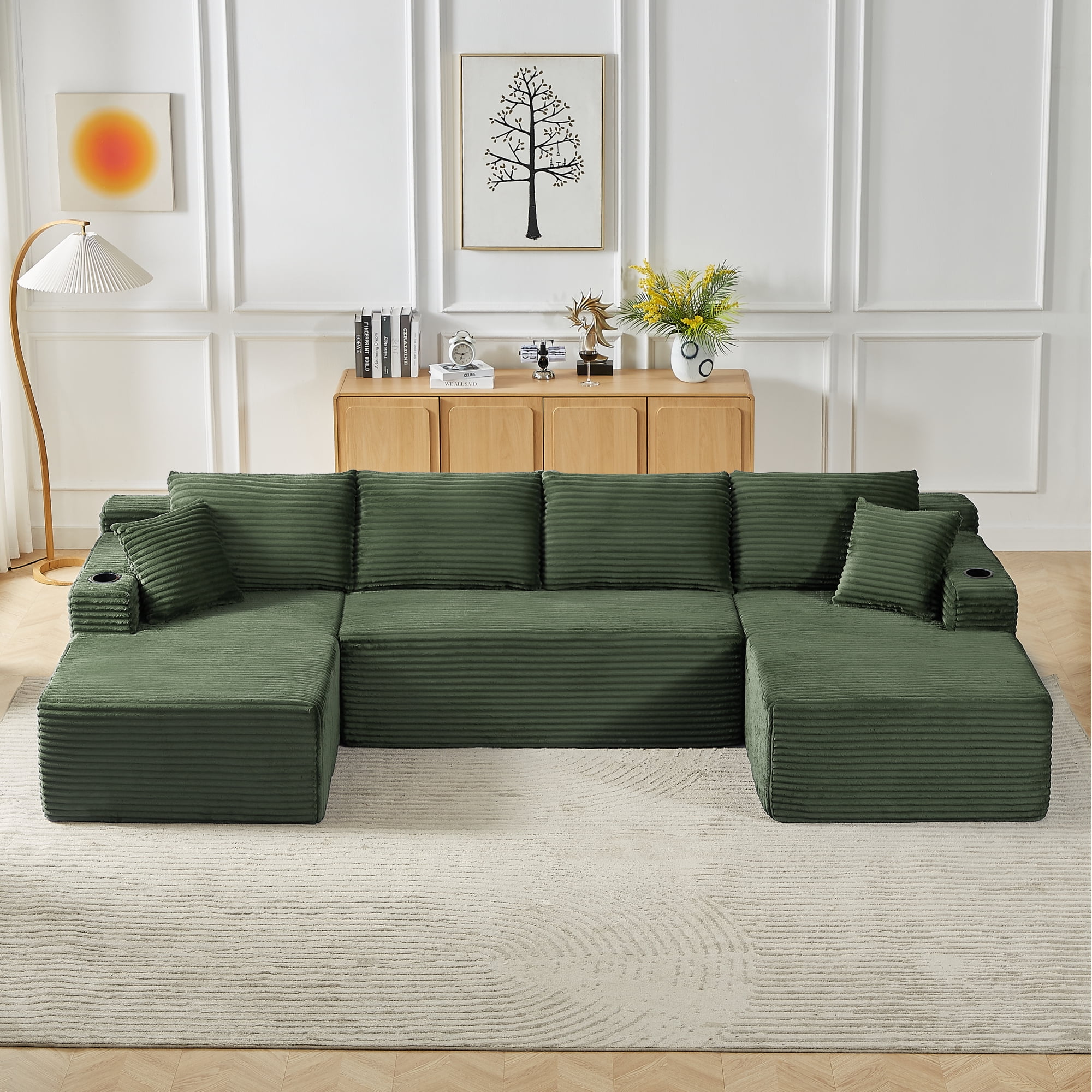 Leumius 133" Oversized Boneless Sectional Couches for Living Room,Modern Corduroy U Shaped Modular Sectional Sofa with Deep Seat,6-Seat Cloud Couch with Cupholders and Side Pockets,No Assembly,Green