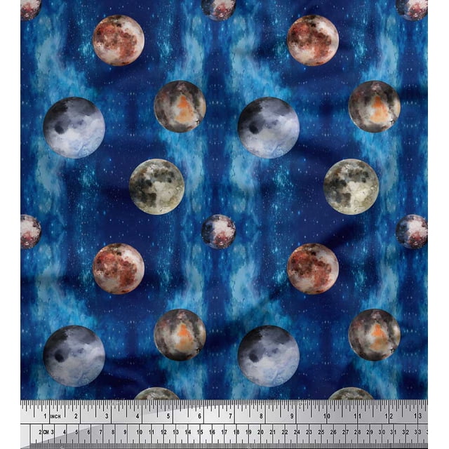 Soimoi Blue Heavy Canvas Fabric Moon & Planet Galaxy Print Fabric by Yard 58 Inch Wide