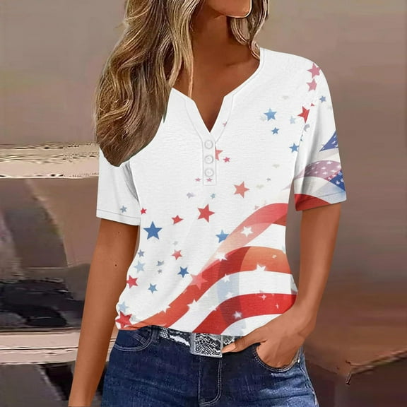 Shirts for Women under $10 3/4 Sleeve V-neck Independence Day Printed Button Up Top Multicolor S