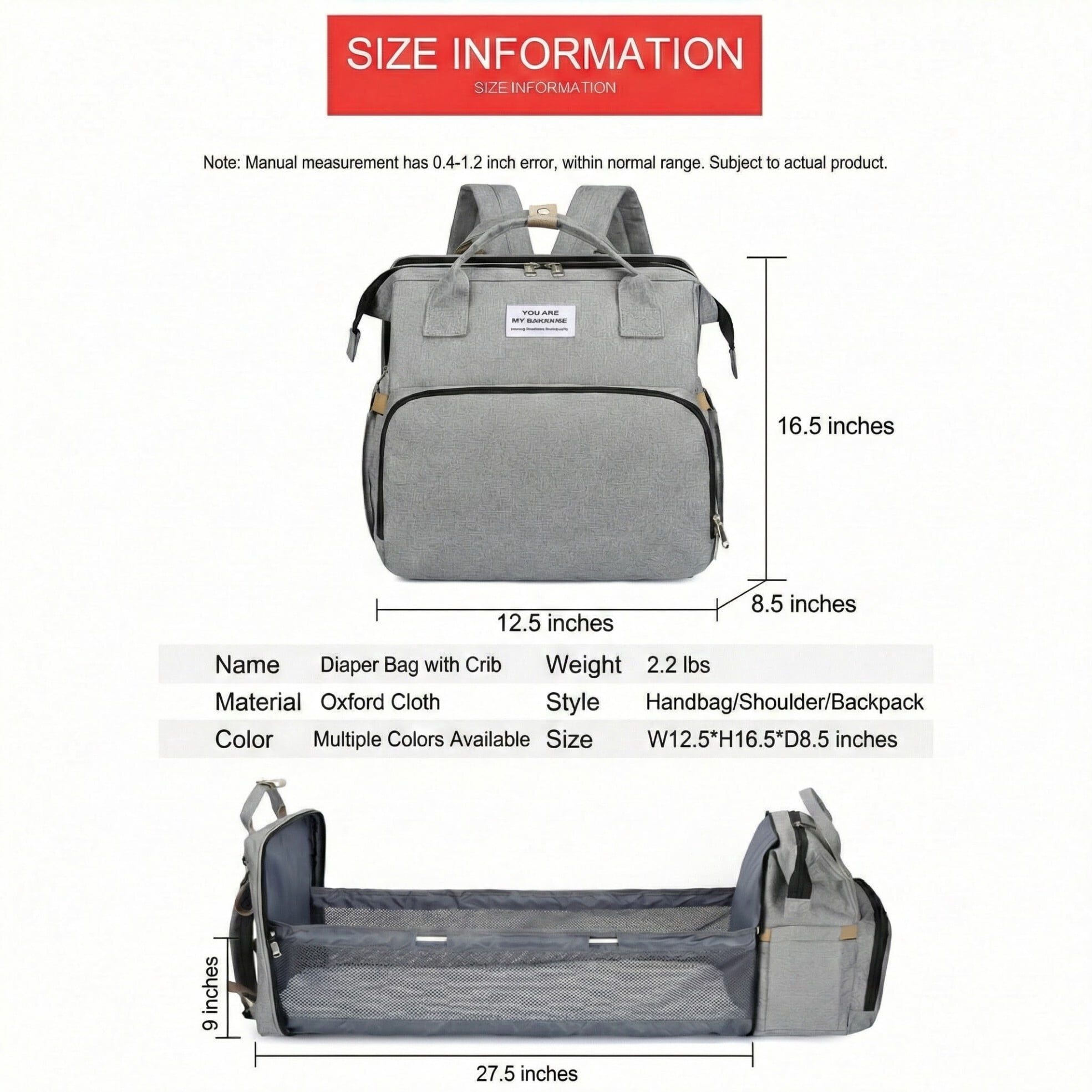 Baby diaper bag, backpack-style diaper bag, with changing pad and USB charging port, the perfect baby christening gift for mom.