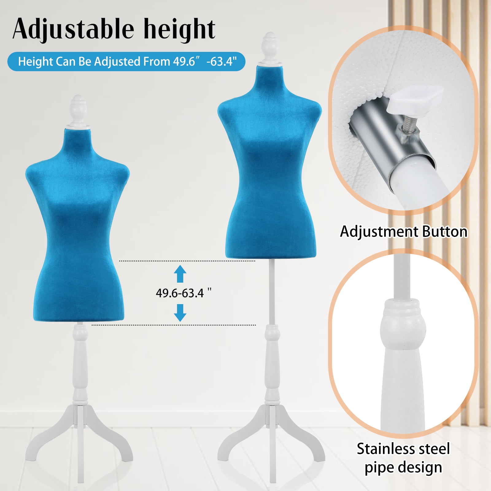 Dkelincs Female Mannequin Torso with Wooden Tripod Stand, 49.6"-63.4" H Adjustable Model Dress Form Manikin for Display, Blue