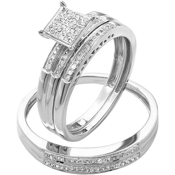 Divine Creation Unisex 1.55 Ct Round Cut White Diamond Wedding Engagement Trio Ring Set 14K White Gold Plated 925 Sterling Silver For Men's & Women's -4