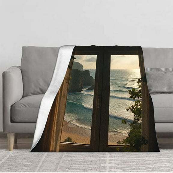 Durable Soft & Warm Flannel Blanket - Cozy Beach Scene Design for Sofa Travel Bed & Chair - Perfect for Relaxing by the Window