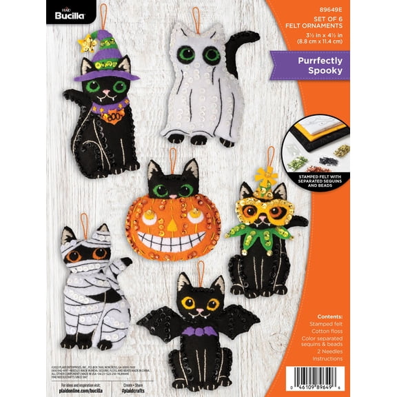 Bucilla 3.5" x 4.5" Purrfectly Spooky Felt Applique Halloween Ornament Kit, 6 Pieces