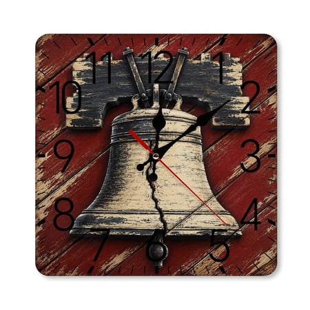 RKSupls 10×10inch Square Silent Wall Clock Wooden Frame, Distressed Liberty Bell Red Wood Plank Scale Decorative Clock for Home Bedroom Living Room Office