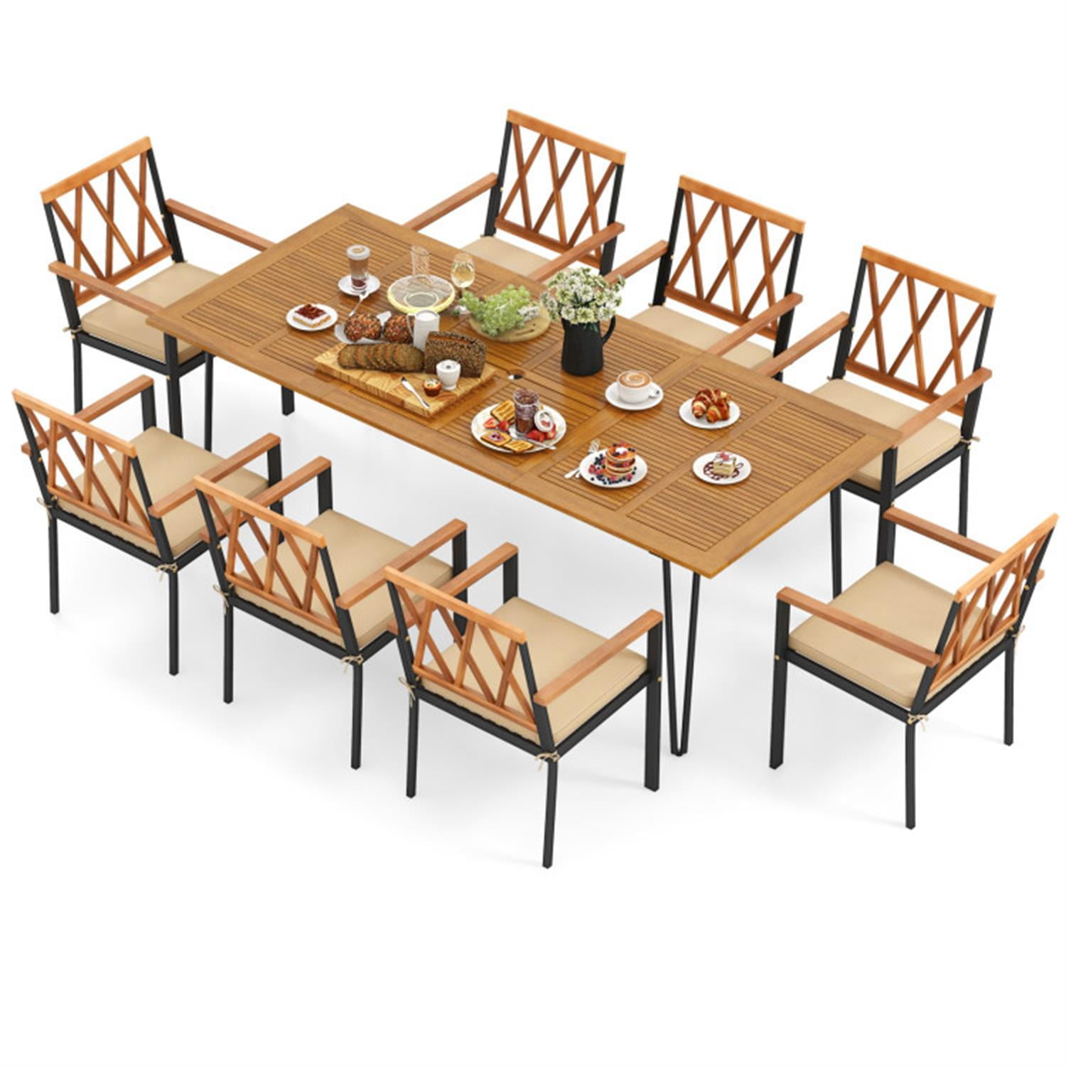 Demi Bonn 9 Pieces Outdoor Patio Furniture Set, Acacia Wood Dining Set with 8 Chairs and Umbrella Hole, Conversation Dining for Garden Poolside Balcony, Beige-A