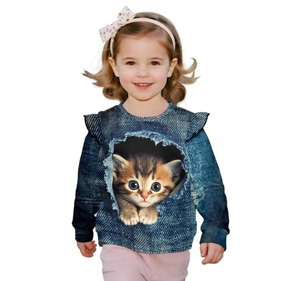Yuyamidu Denim Cat Sweatshirts for Toddler Girls 1T 2T Ruffle Shoulder Crewneck Sweatshirt Y2K Long Sleeve Pullover Top Cute Graphic Clothes Casual Fall Outfits for School Outdoor