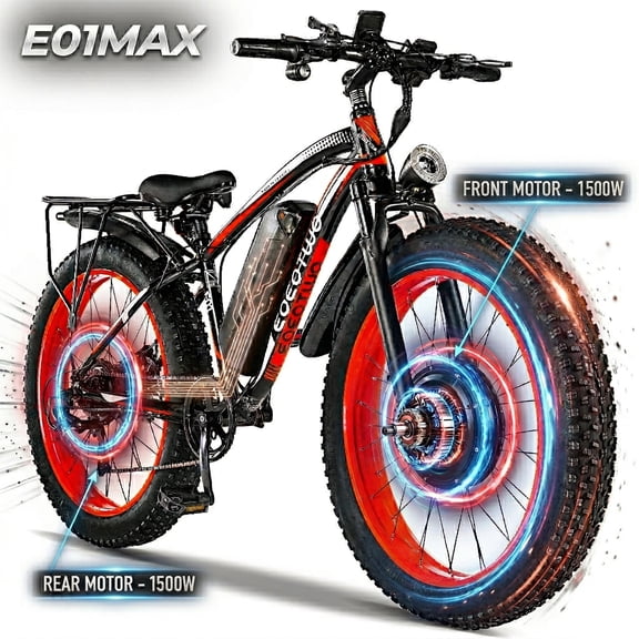EOEOTWO E01MAX Adult Electric Bike, Peak 3000W Dual Motors Fat Tire Ebike, 48V 23Ah Removable Battery (100 Miles Range), 40MPH Fast Off-Road Mountain E-Bike, 26"x4.0" Snow Beach Bicycle