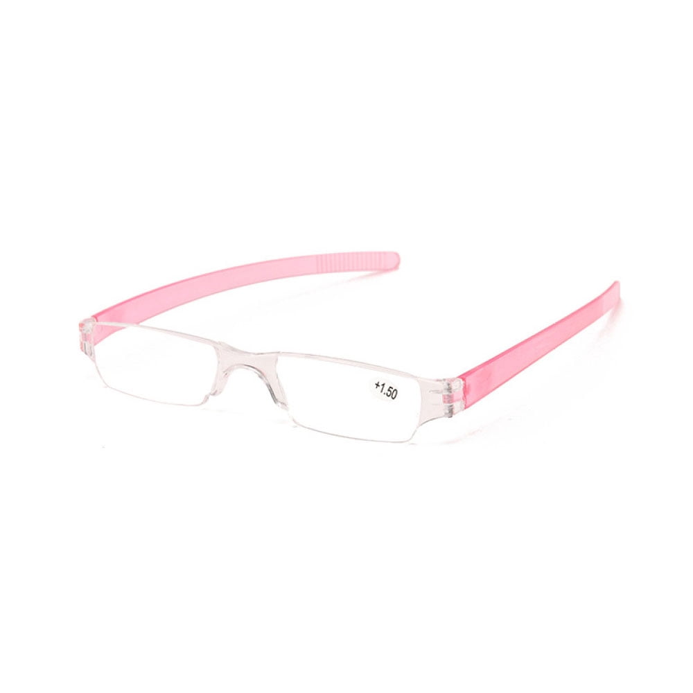 3 Pairs of Portable Small Rectangle Pink Clear Reading Glasses 1.50 With Pen Holder for Women and Men, Plastic Light Weight Readers +1.50