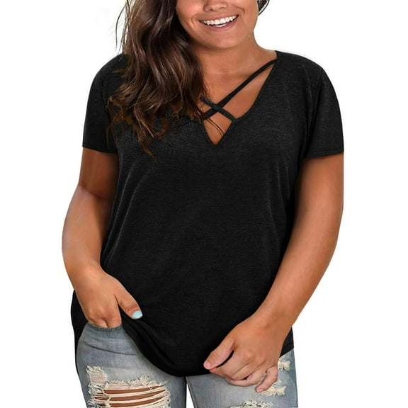 Sherrylily Womens Plus Size T-Shirts Tops Summer V Neck Criss Cross Tunic Casual Loose Tees