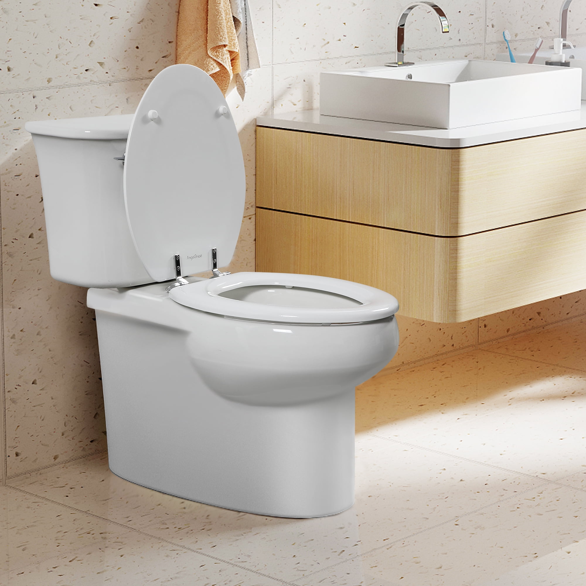Angol Shiold Wood Elongated Toilet Seat, White Toilet Seat, Easy Clean, Metal Hinges ( Elongated 18.5'', White )