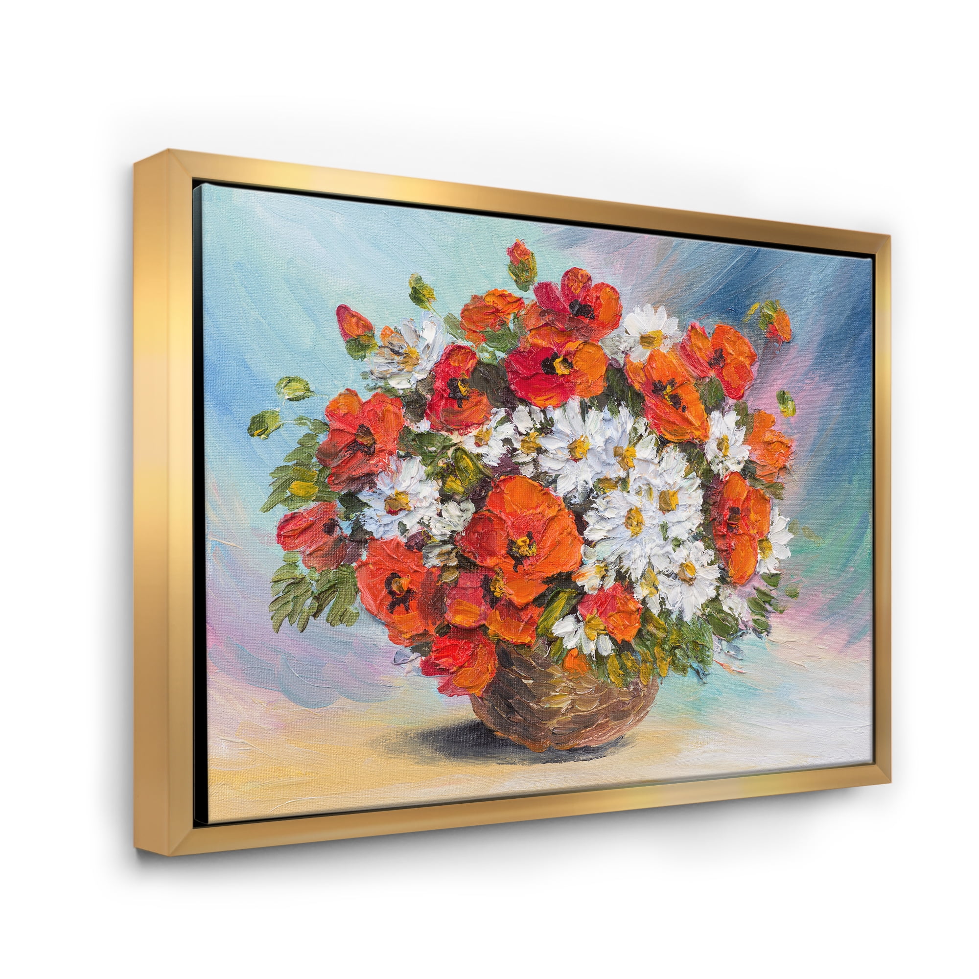 Still Life Bouquet Of Daisies and Poppies 40 in x 30 in Framed Painting Canvas Art Print, by Designart
