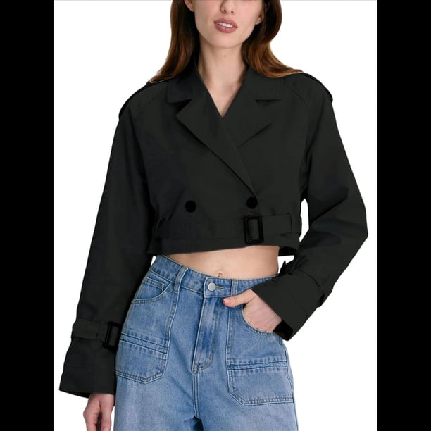 Chaqueta Corta de Ciclismo para Mujer, Gabardina Informal Cruzada con Cinturón Negro M