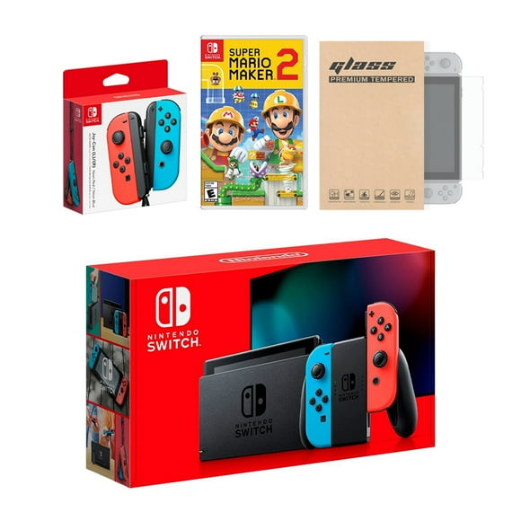 Nintendo Switch Red/Blue Joy-Con Console Bundle with an Extra Pair of Neon Red/Blue Joy-Con, Super Mario Maker 2, and Mytrix Tempered Glass Screen Protector