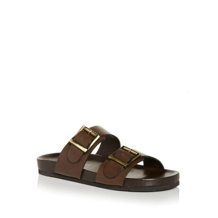

THE MENS STORE Mens Brown Double Buckle Straps Contoured Footbed Devin Round Toe Slip On Leather Slide Sandals 11 M