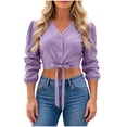 thumbnail image 2 of ClodeEU Women's V Neck Long Sleeve Button Down Bow Waist Crop Shirt Top, Casual Solid Color Blouse Purple,Women's Plus L, 2 of 7
