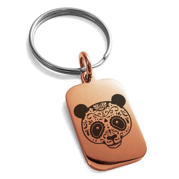 Stainless Steel Day of the Dead Sugar Skull Panda Engraved Small Rectangle Dog Tag Charm Keychain Keyring