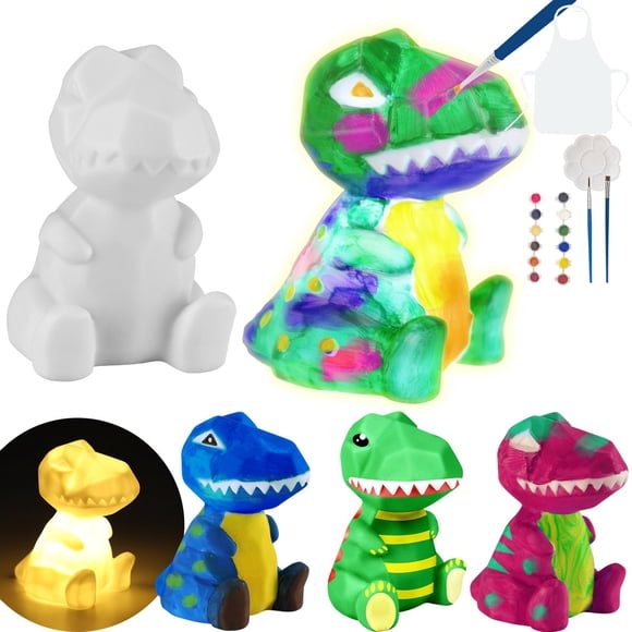 1 Set Paint Your Own Dinosaur Lamp Kit with 12 Colors Pigments Paintbrush Palette Apron Kids DIY Color Painting Dino Night Light Educational Toy Crafts Art Supplies