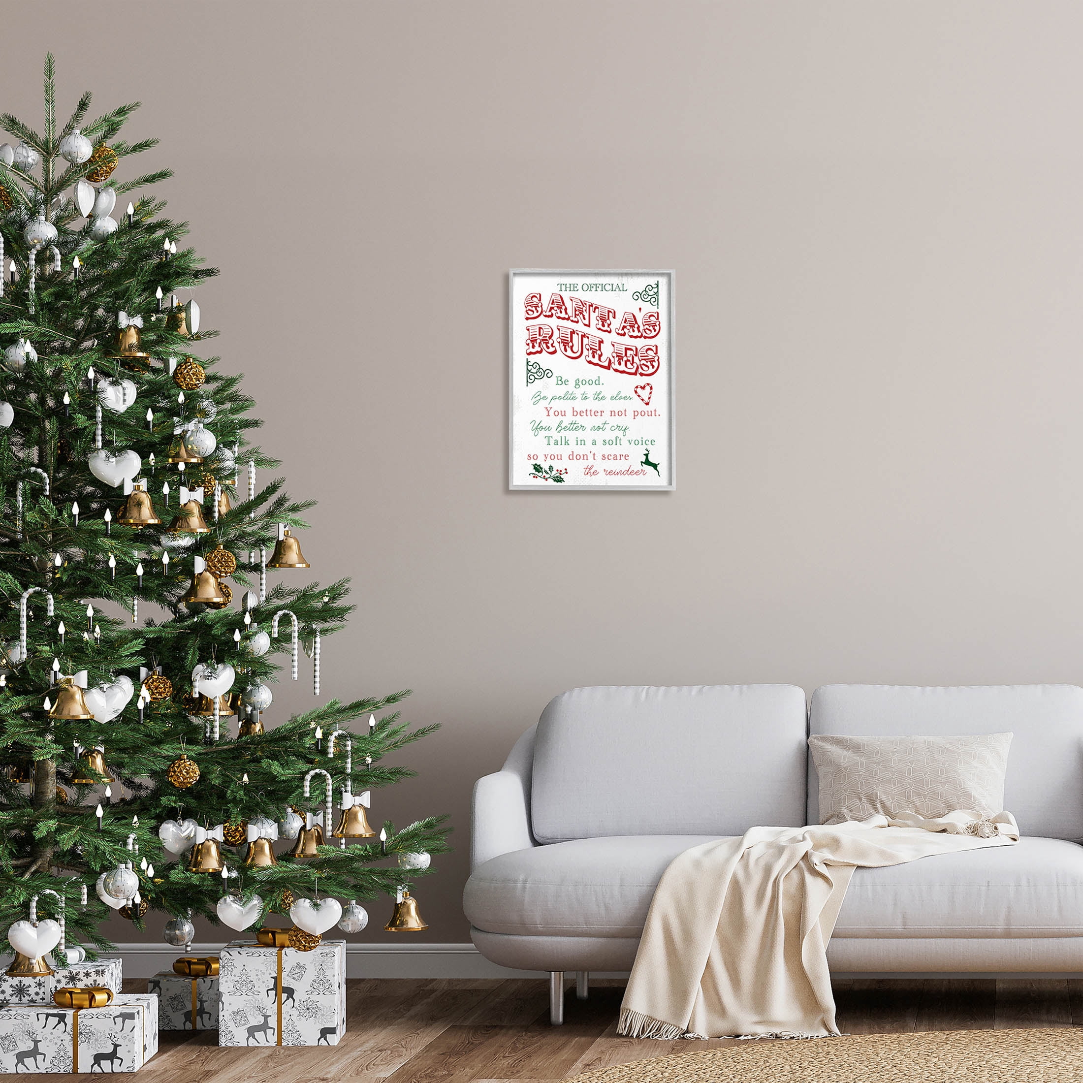 Official Santa's Rules Christmas List Holiday Graphic Art Gray Framed Art Print Wall Art