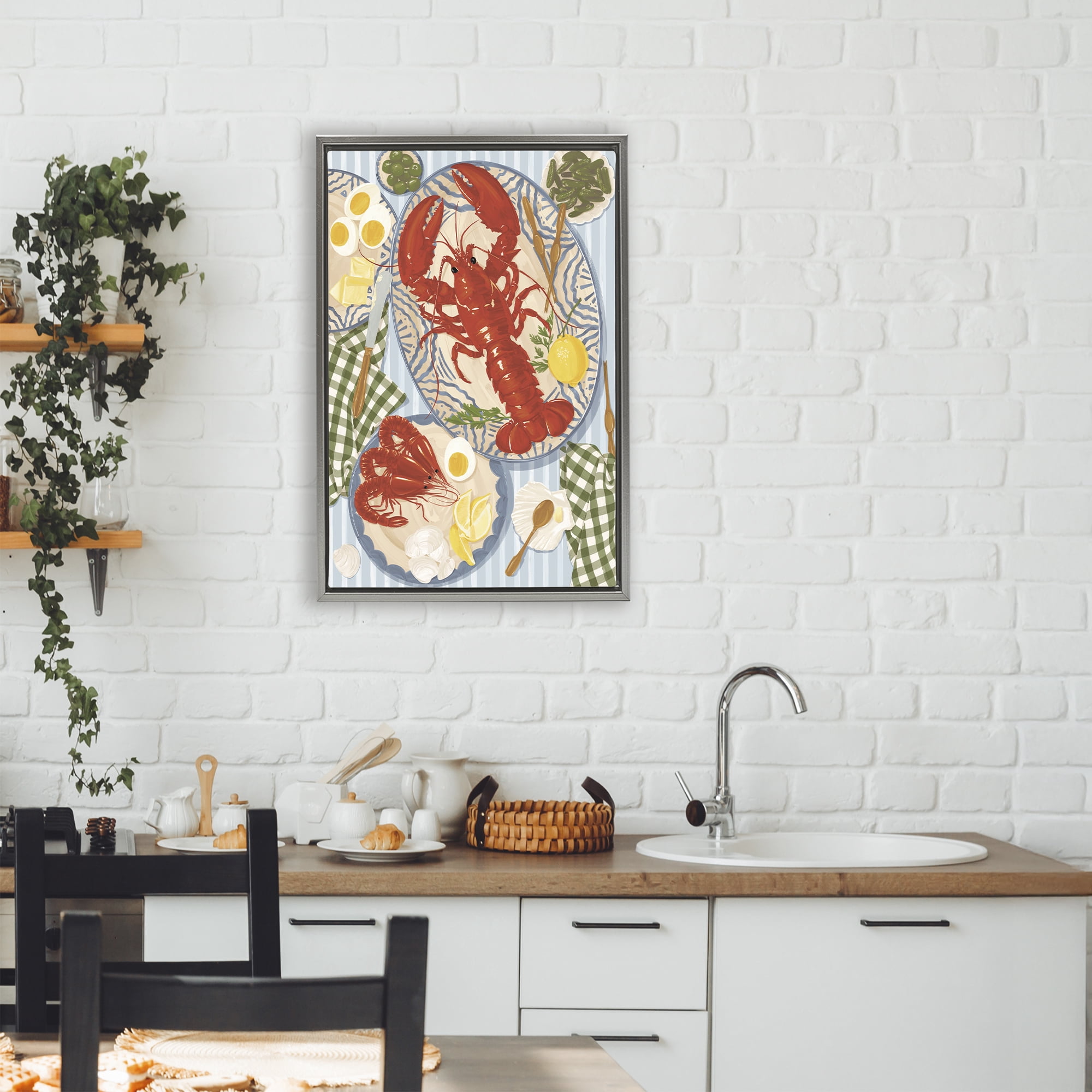 Stupell Industries Lobster For Lunch Platter Gray Framed Floater Canvas Wall Art, design by Vero Illustrates