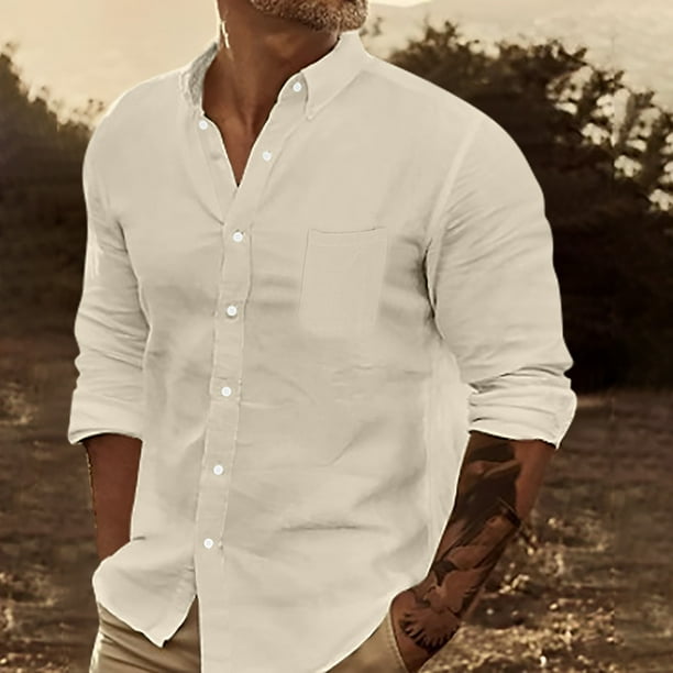 pstuiky camisetas de manga larga para hombre, Camisa de negocios informal de manga larga con botones y cuello vuelto de color entero para hombre camisetas de hombre xl